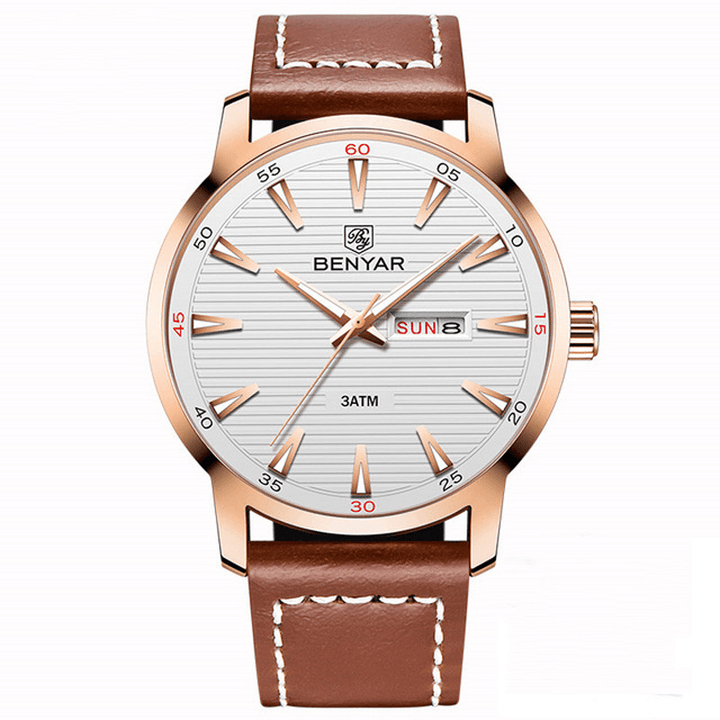 Benyar 5145 Fashion Men Watch Waterproof Automatic Week Display Leather Strap Quartz Watch - Trendha