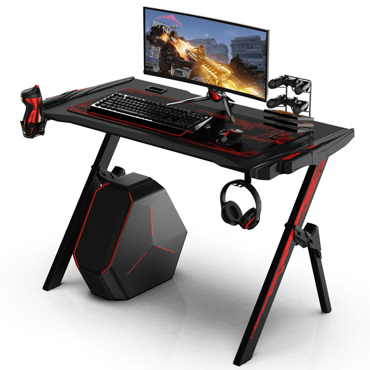 47.2" Gaming Computer Desk Black Gamer Table with Audio Sensor RGB LED Lights Cup Holder Headphone Hook for Home Office - Trendha