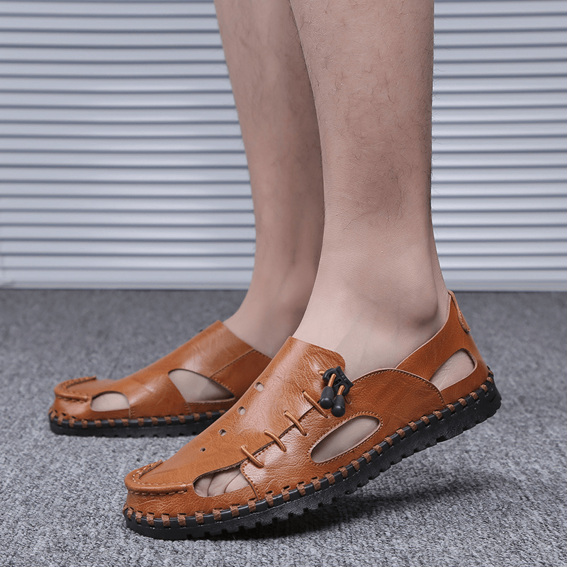 Men Hand Stitching Cow Leather Non Slip Soft Sole Casual Sandals - Trendha