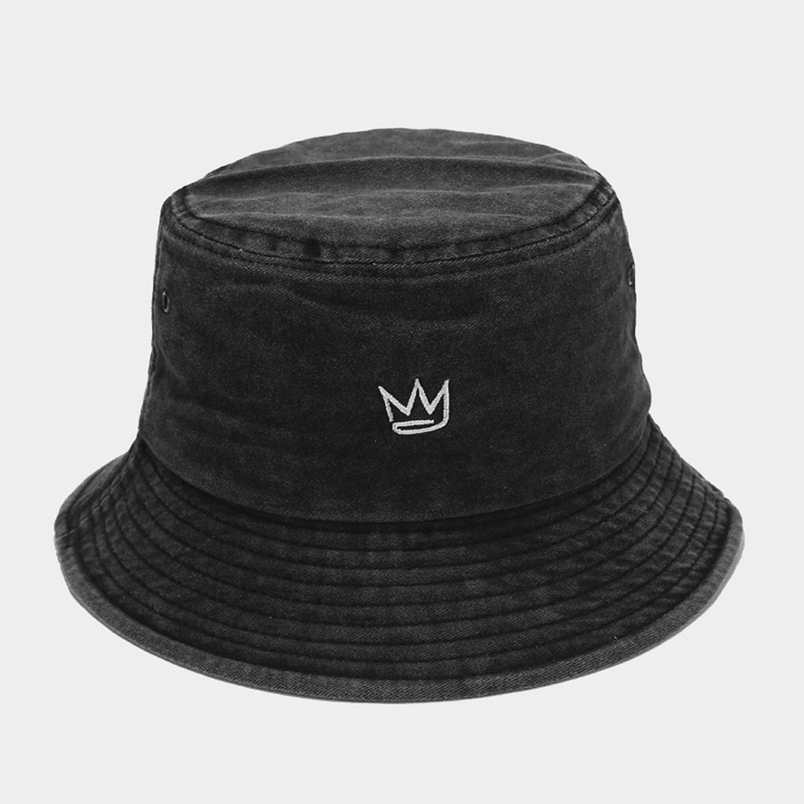 Unisex Washed Made-Old Bucket Hat Cotton Crown Pattern Embroidery Simple Sunshade Hat - Trendha