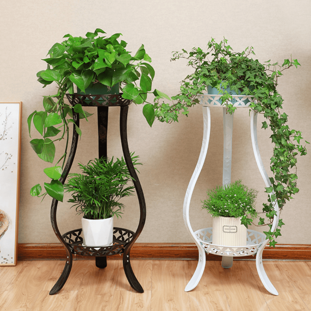 2 Layers Plants Flower Stand Rack Metal Floor Shelf Home Balcony Decor - Trendha