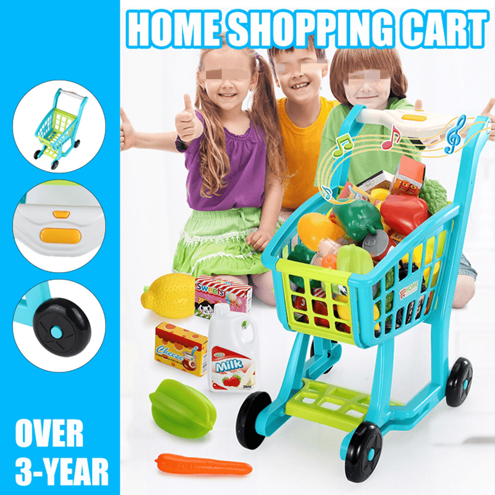 Plastic Kids' Supermarket Shopping Cart Set with Accessories (Fruits & Vegetables & Snack Boxes) for Children Toys - Trendha