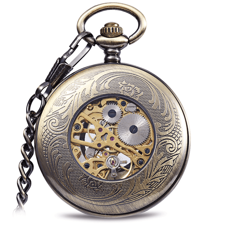 JIJIA JX009 Carved Flower Cover Hollow Cover Alloy Bronze Mechanical Pocket Watch - Trendha