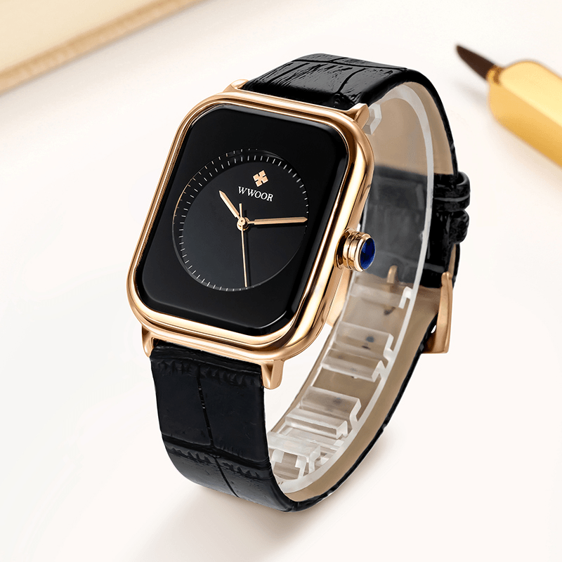 WWOOR 8873 Rectangle Dial Creative Design Women Wrist Watch Genuine Leather Strap Quartz Watch - Trendha