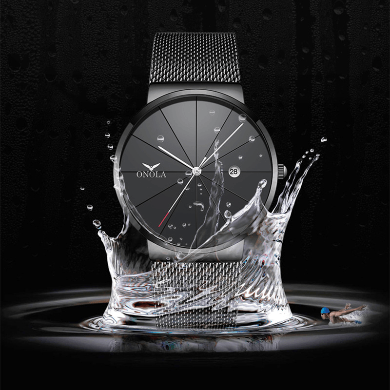 ONOLA Business Casual Alloy Mesh Band Calendar Waterproof Men Quartz Watch Wristwatch - Trendha