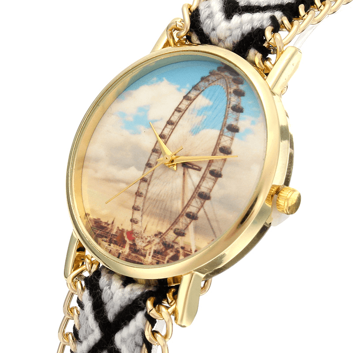 Custom Folk Style Women Watch Ferris Wheel Alloy Case Knitted Fabric Strap Casual Retro Quartz Wrist Watch - Trendha