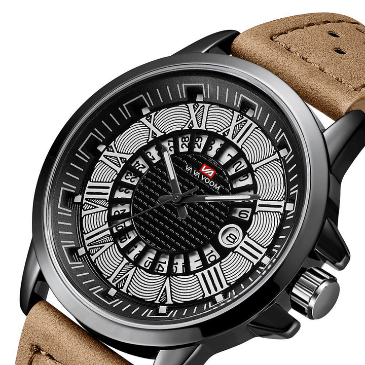 Deffrun Roman Number Business Style Men Wrist Watch Waterproof Calendar Leather Band Quartz Watch - Trendha