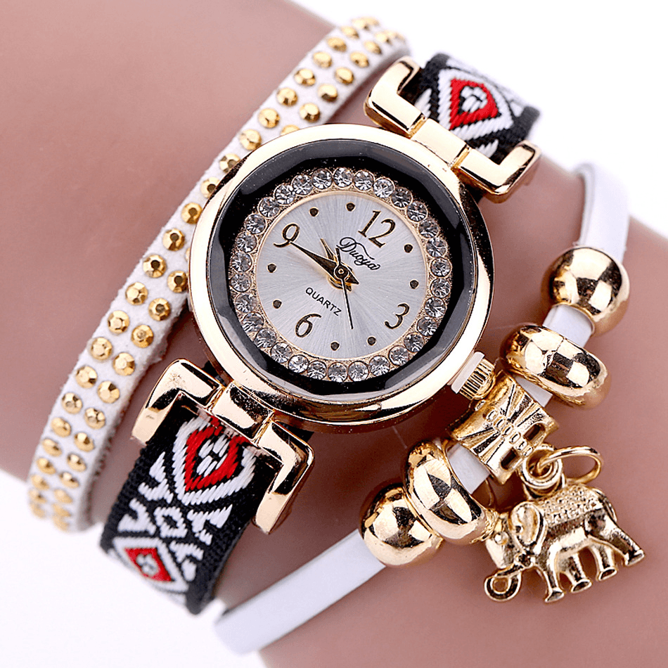 DUOYA XR1889 Fashionable Gold Elephant Ladies Bracelet Watch Leather Strap Quartz Watches - Trendha