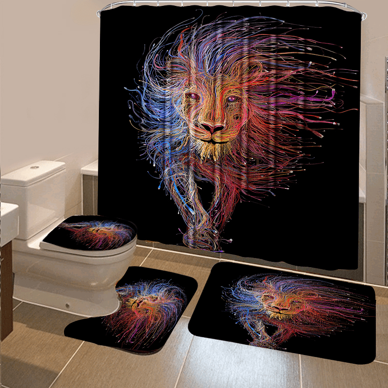 Colorful Lion Pattern Shower Curtain Bath Mat Toilet Pad Set Anti-Slip Toilet Pattern Carpet for Bathroom Decoration - Trendha