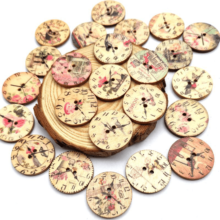 50PCS 25MM 2 Holes Decorative Clock Pattern Log Painted round Shape Fasteners Buttons - Trendha