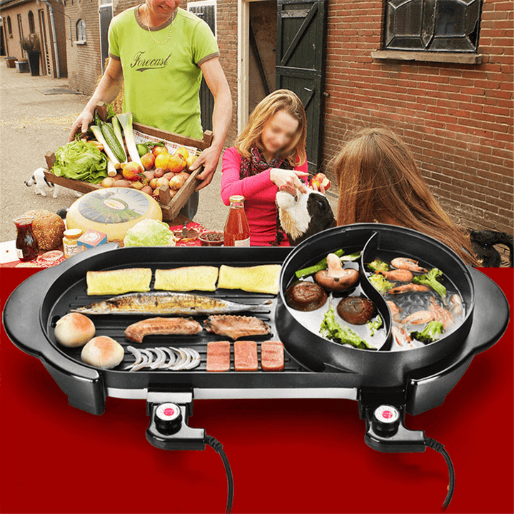 2 in 1 Multi-Function Separation Barbecue Pan Hot Pot Non-Stick Grill Roasting Pan Electric Skillet - Trendha