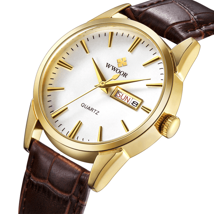WWOOR 8801 Calendar Business Style Men Wrist Watch Leather Watch Band Quartz Watch - Trendha