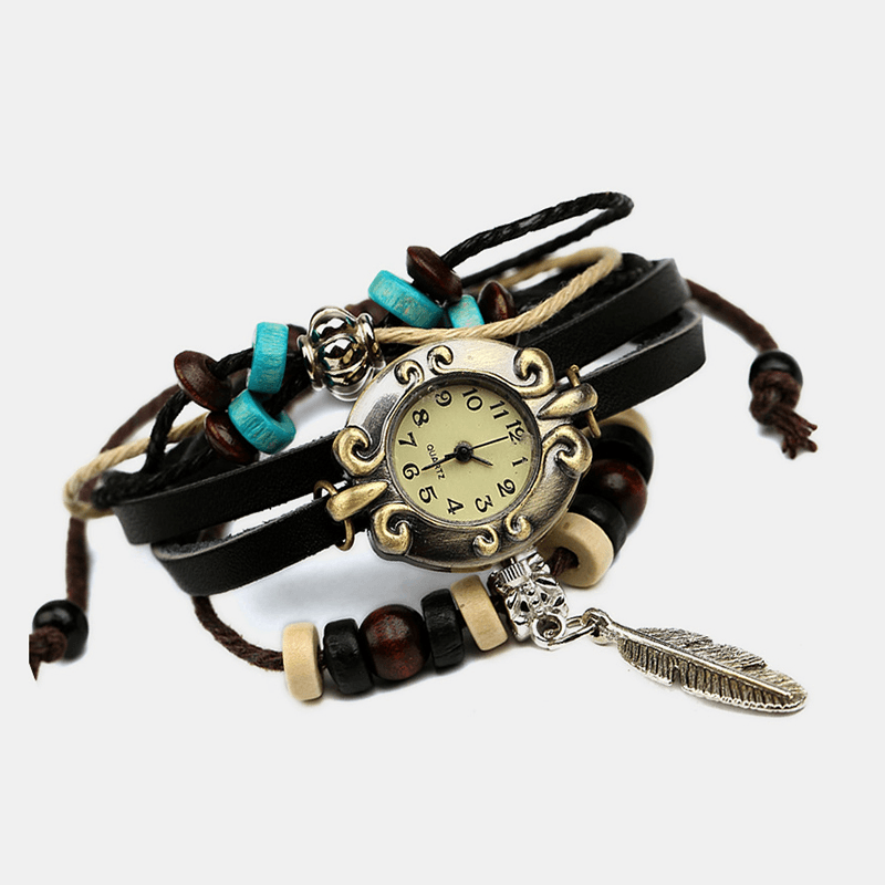 Deffrun Multilayer Cow Leather Band Bracelet Watch Leaf Pendant Small Dial Women Quartz Watch - Trendha