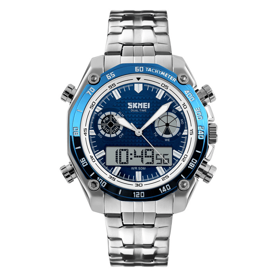 SKMEI 1204 Dual Dsplay Digital Watch Men Stainless Steel Strap Luminous Alarm Outdoor Sport Watch - Trendha