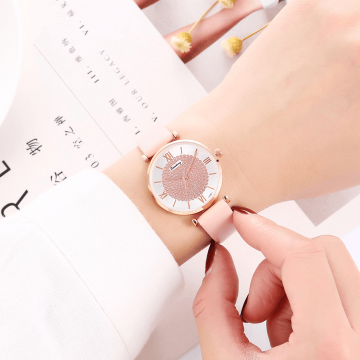 Deffrun Roman Number Crystal Elegant Design Ladies Watch Leather Band Quartz Watches - Trendha