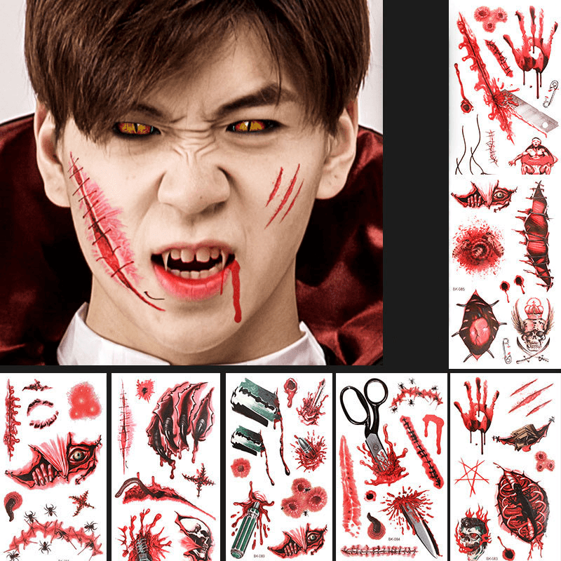 Halloween Props Tattoo Stickers Horror Simulation Wound Realistic Blood Scars Scratches Stitch Pattern - Trendha