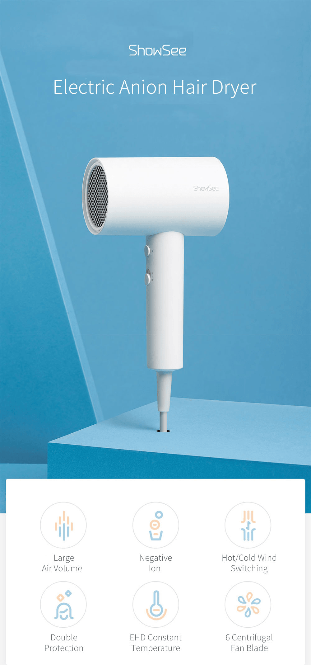 Showsee A1-W Electric Anion Hair Dryer Negative Ion Hair Care Blower 1800W EHD Constant Temperature Hot/Cold Wind Switch 360° Rotated Tuyere - Trendha