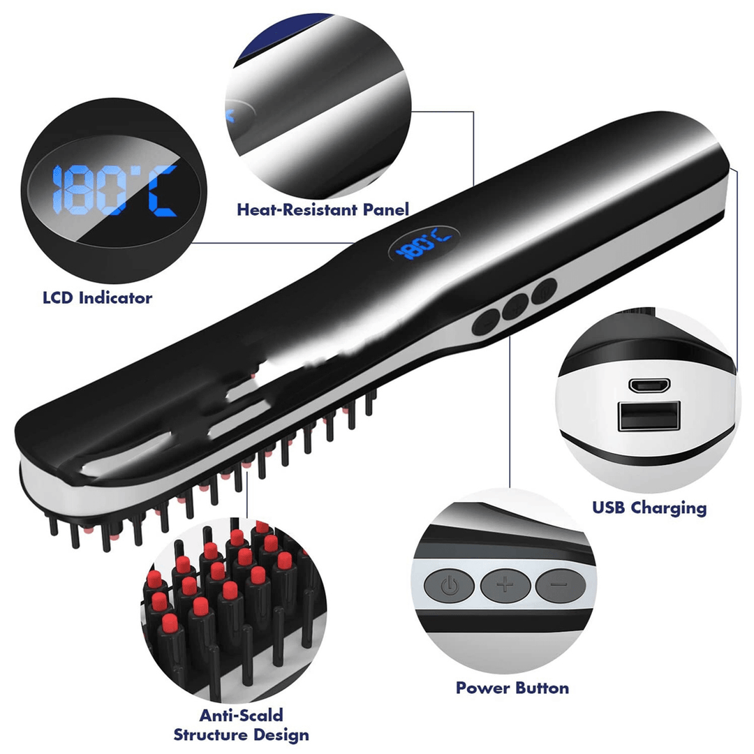 2 In1 Electric Cordless LCD Quick Beard Straightener Hair Brush Comb Curling Curler - Trendha