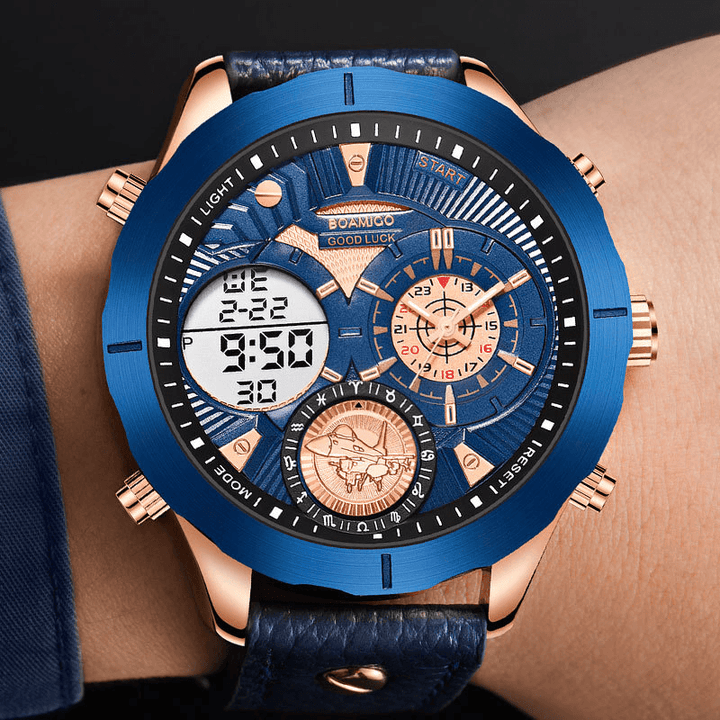 BOAMIGO F940 Dual Time Zones Analog Digital Watch Leather Band LED Light Men Wrist Watch - Trendha