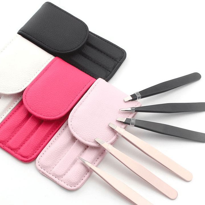 3Pcs 4 Colors Stainless Steel Eyebrow Beauty Tweezers Face Hair Removal with Bag Makeup Tool - Trendha
