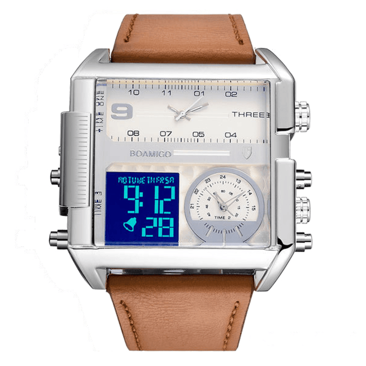 BOAMIGO F920 Fashion Men Digital Watch Creative Dial Week Month Display Chronograph 3 Time Zone Leather Strap Dual Display Watch - Trendha
