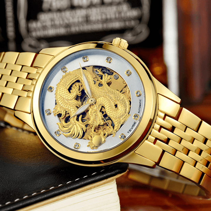 TEVISE 9006 Mechanical Watch Men Women Hollow Dragon Phoenix Pattern Watch Stainless Steel Watch - Trendha
