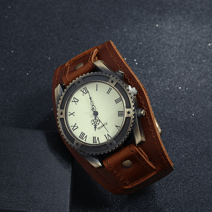 Vintage Cow Leather Bracelet Watch Adjustable Strap Roman Numerals Men Quartz Watch - Trendha