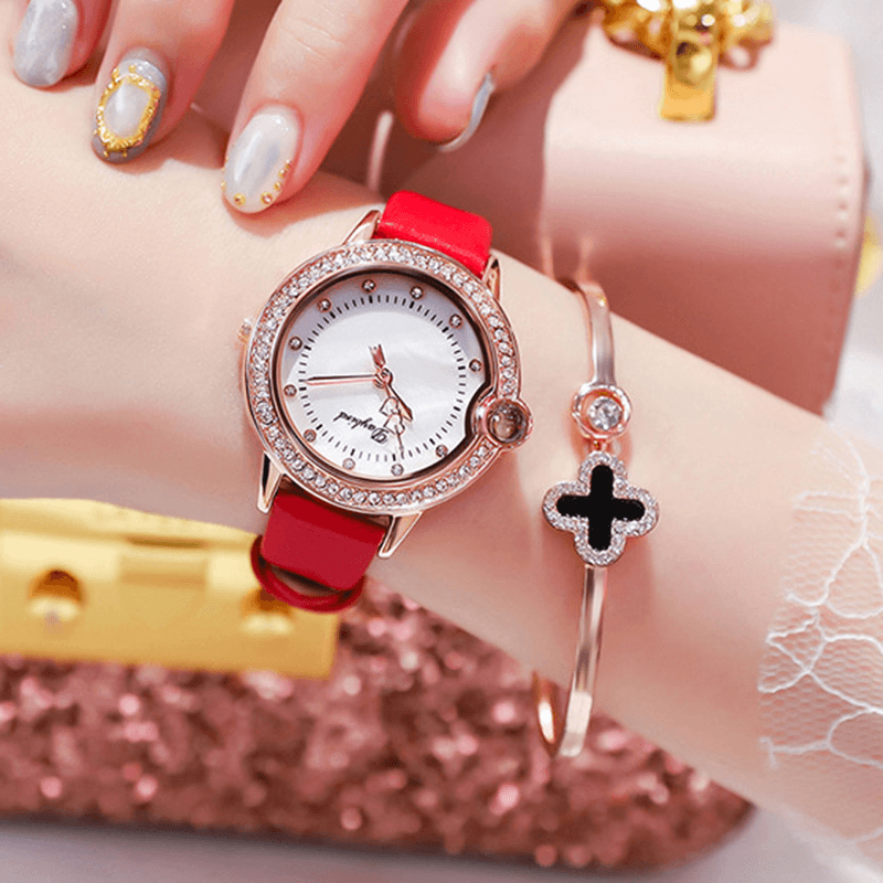 Fashion Casual Nano-Carved Women Watch Diamond Case Hardlex Glass Waterproof Leather Strap Female Quartz Watch - Trendha
