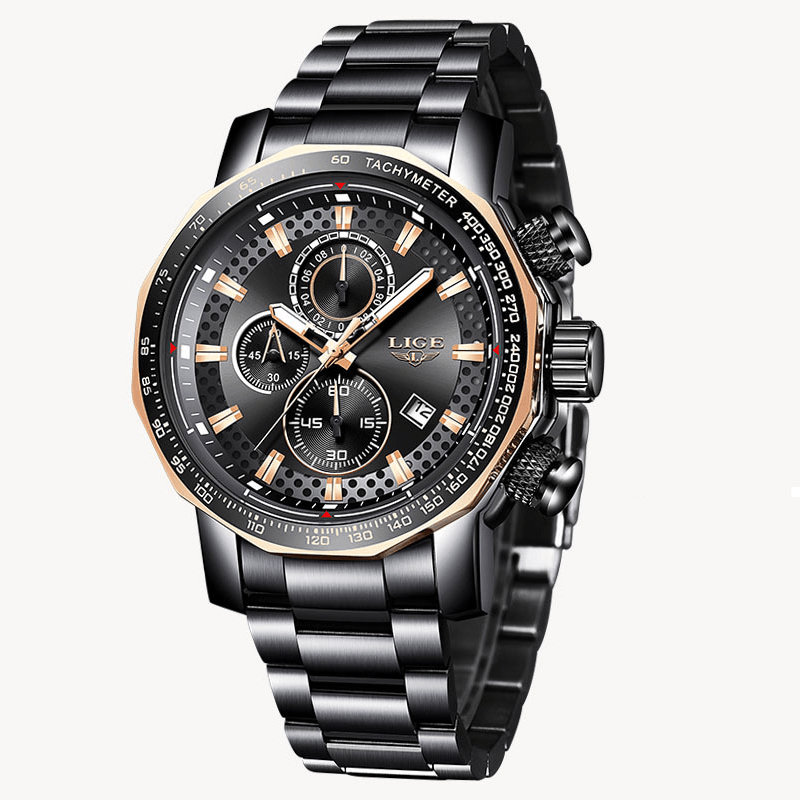 LIGE 9902 Multifunction Chronograph Fashion Men Wrist Watch Waterproof Steel Case Quartz Watch - Trendha