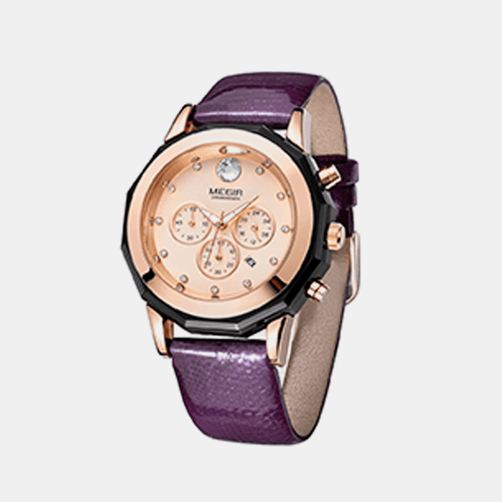 MEGIR 2042L Fashion Style Crystal Dial Date Display Waterproof Leather Strap Women Quartz Watch - Trendha