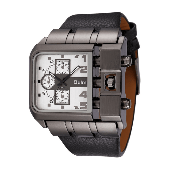 OULM 3364 Fashionable Creative Watch Square Dial Unique Design Leather Strap Quartz Watch - Trendha