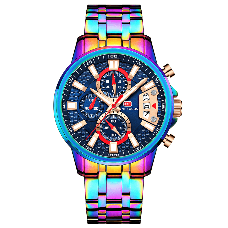 MINI FOCUS MF0352G Multifunction Colorful Waterproof Quartz Watch Date Display Full Steel Men Watches - Trendha