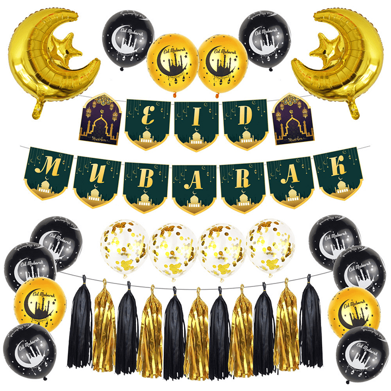 29Pcs/Set Eid Mubarak Party Black Gold Silver Series Party Decoration Balloon Set Tissue Paper Flower Celebration Supplies - Trendha