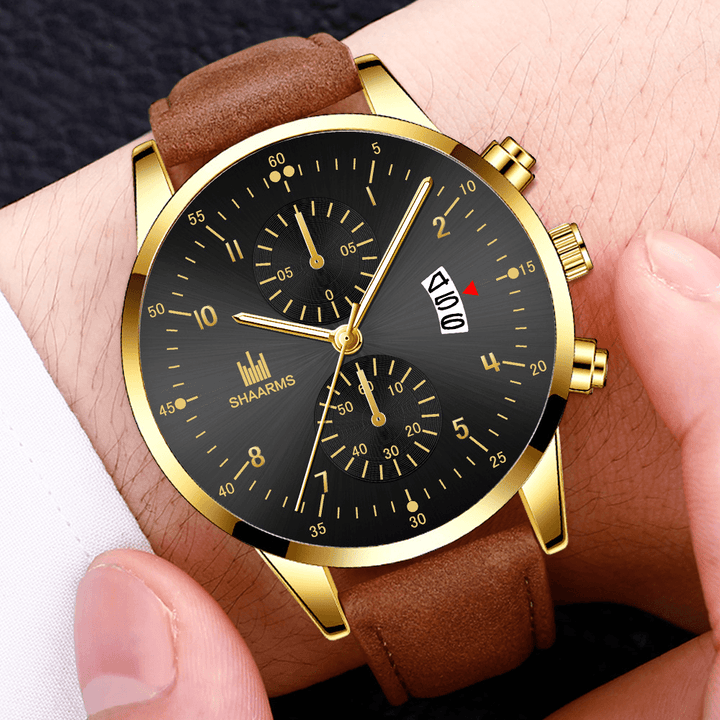 Khorasan Fashion Business Decorated Pointer with Calendar Dial PU Leather Band Men Quartz Watch Wristband - Trendha