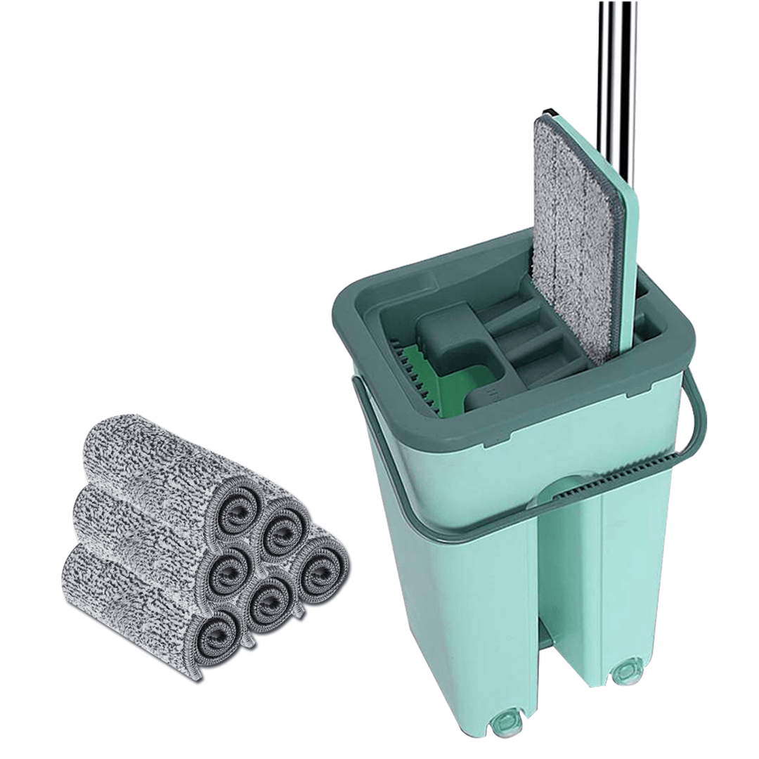 360° Flat Squeeze Microfiber Mop Bucket Home Floor Tiles Cleaning + 2/6 Pads - Trendha