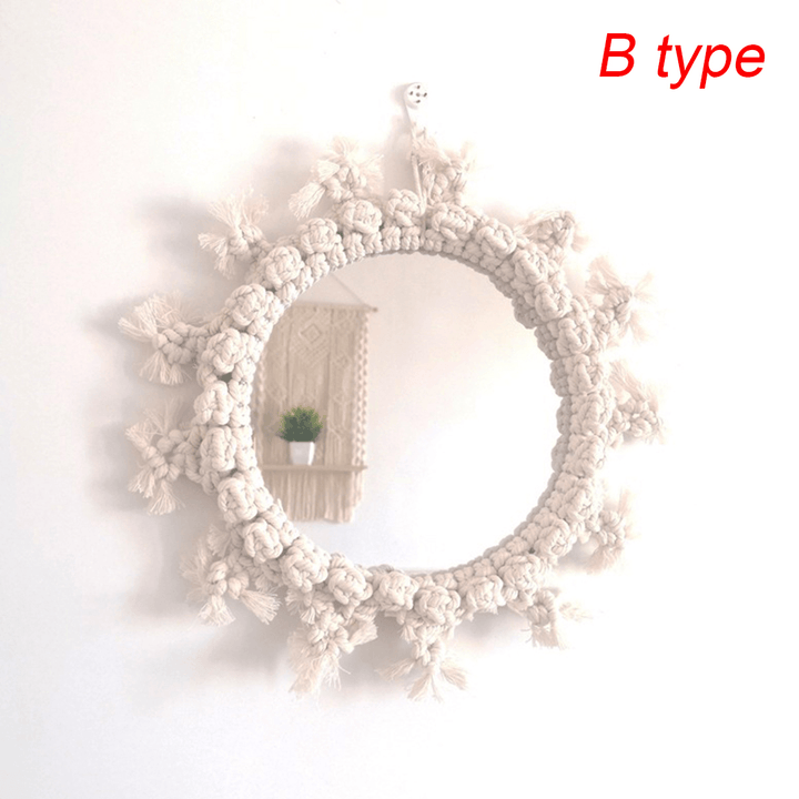 Rattan Innovative Art Decoration round Makeup Mirrors Dressing Bathroom Wall Hanging Mirror with Macrame - Trendha