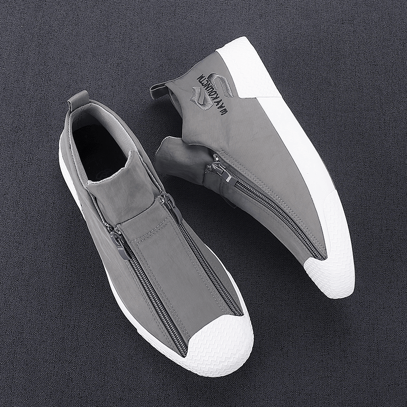 Men Rubber Cap Toe Front Zipper Comfy Breathable Canvas High Top Ankle Casual Sneakers - Trendha