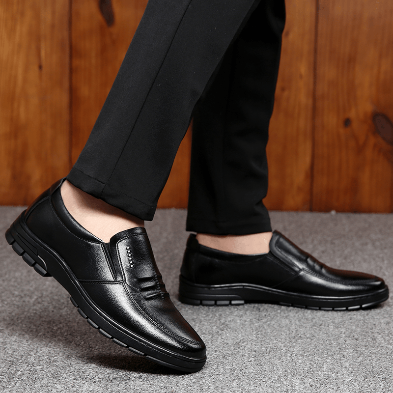 Men Cowhide Leather Soft Bottom Slip on Warm Lining Comfy Dress Casual Business Shoes - Trendha
