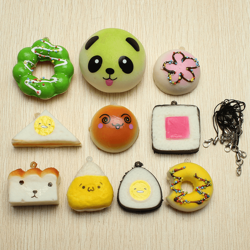 10Pcs Random Squishy Soft Sushi/Panda/Bread/Cake/Buns Phone Straps - Trendha