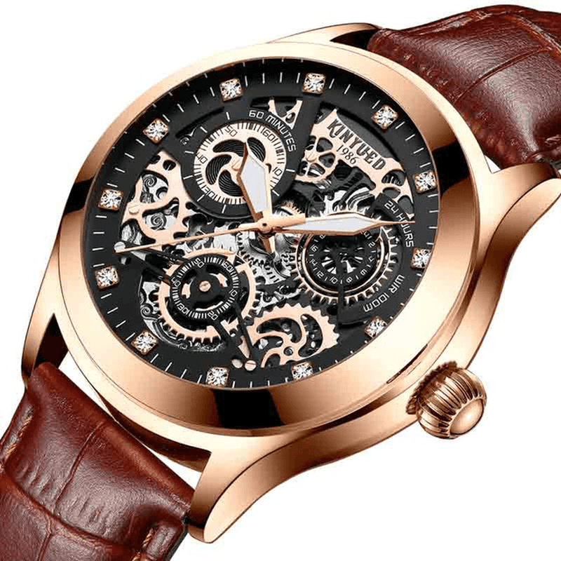KINYUED JYD-J062 Genuine Leather Band Automatic Mechanical Watch Crystal Men Watches - Trendha