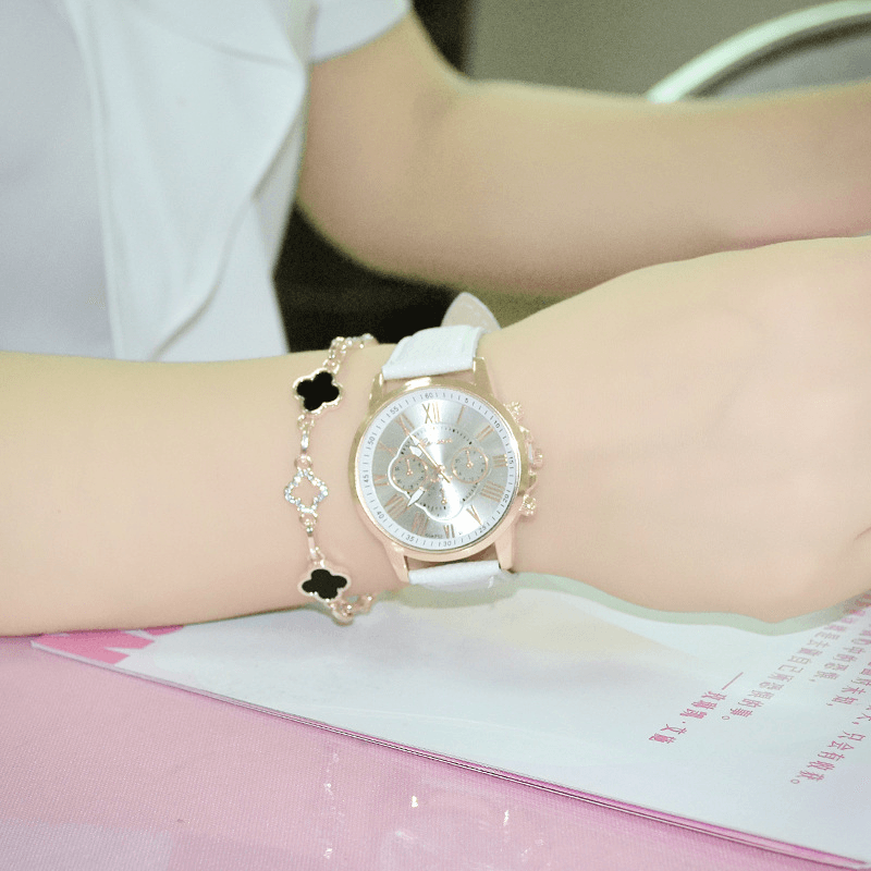Deffrun Decorative Three Dials Women Wrist Watch Roman Numeral Leather Band Quartz Watch - Trendha