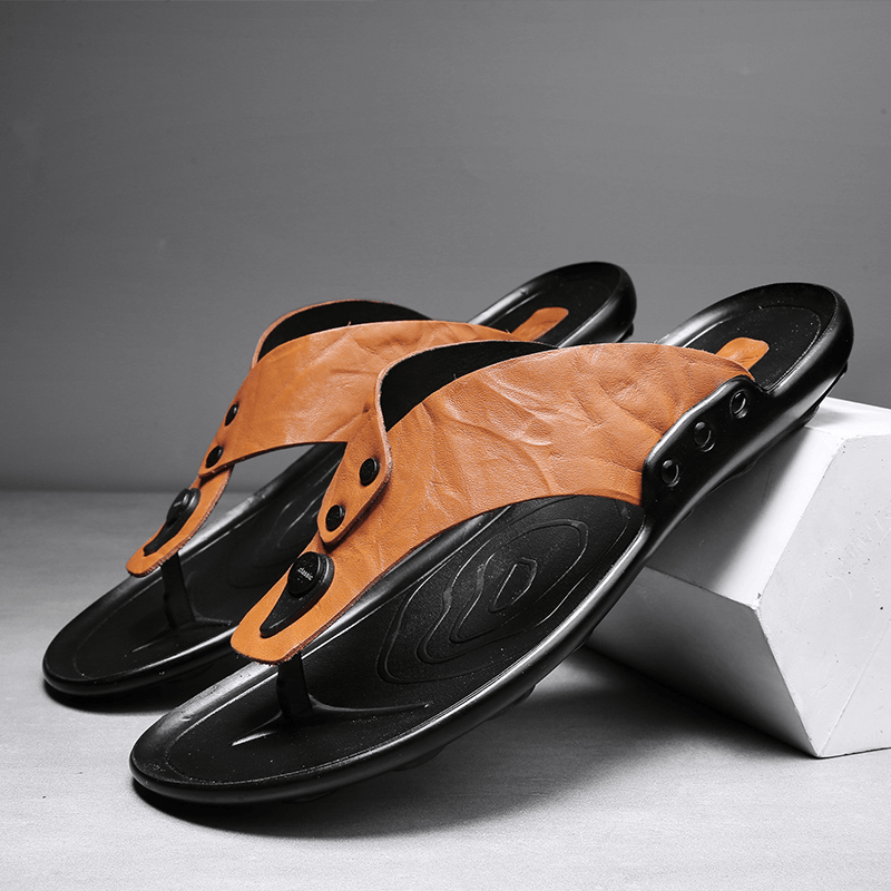Men Leather Breathable Soft Sole Non Slip Comfy Outdoor Flip Flops Casual Slippers - Trendha