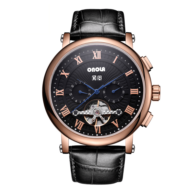 ONOLA ON6801 Fashion Men Automatic Watch Flywheel Hollow Date Display Leather Strap Mechanical Watch - Trendha