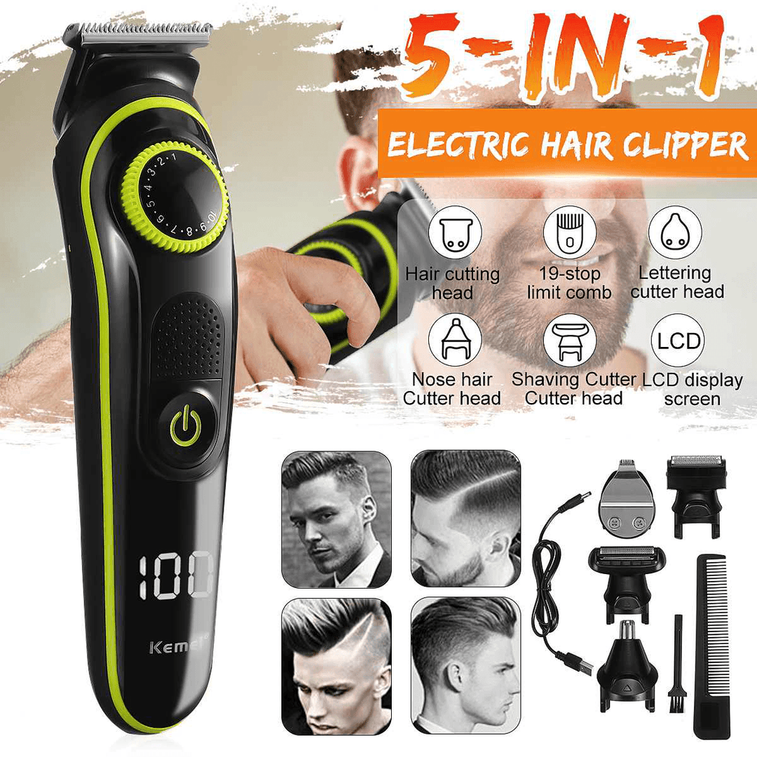 Kemei 5 in 1 Electric Hair Trimmer Household Hair Clippers Multifunctional USB Rechargeable Shaver LED Display Cutter Heads KM-696 - Trendha
