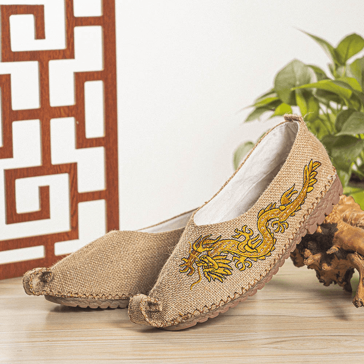 Men Breathable Non Slip Old Peking Dragon Embroidery Comfy Casual Linen Shoes - Trendha