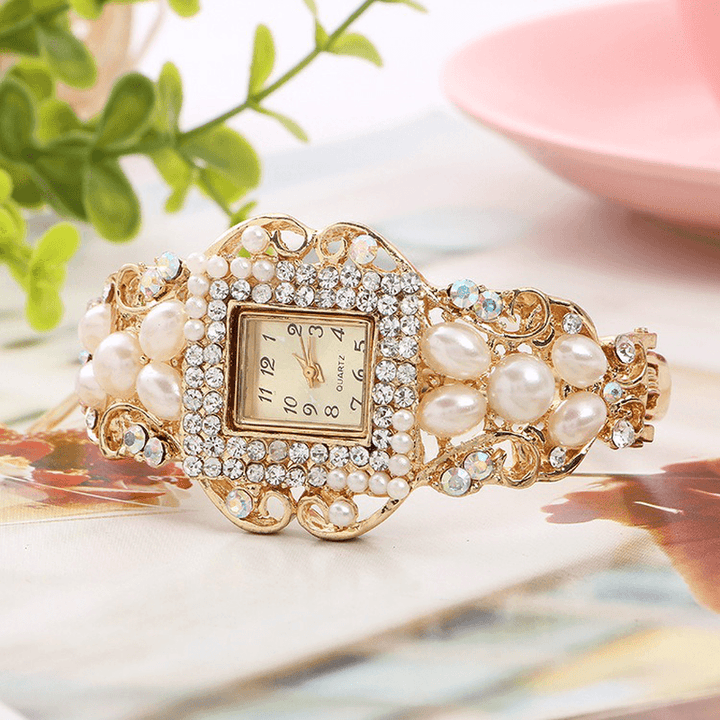 Fashionable Pearl Bracelet Diamond Watch Exquisite Ladies Dress Women Quartz Watch - Trendha