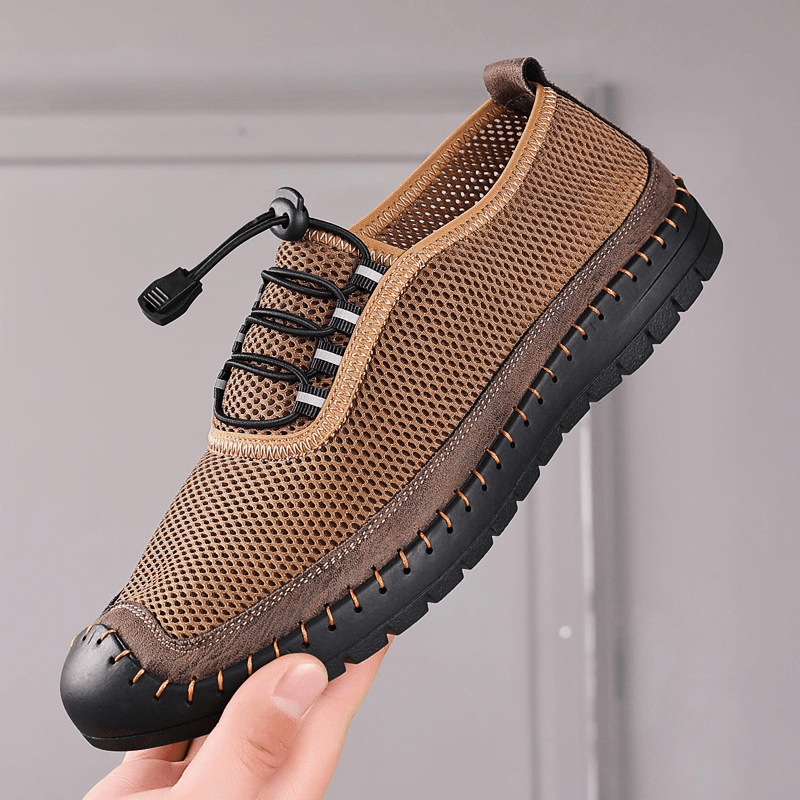 Men Mesh Breathable Hollow Out Hand Stitching Soft Bottom Closed Toe Casual Shoes - Trendha