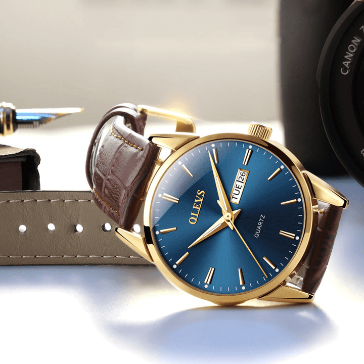 OLEVS 6898 Fashion Men Watch Date Week Display Leather Strap Casual Quartz Watch - Trendha