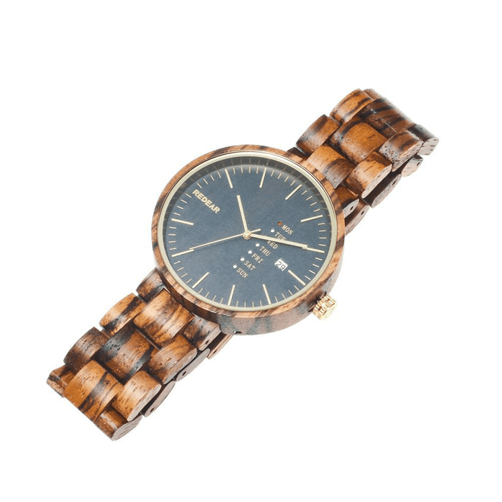 REDEAR SJ1488 Fashion Men Wooden Watch Date Week Display Wooden Strap Quartz Watch - Trendha