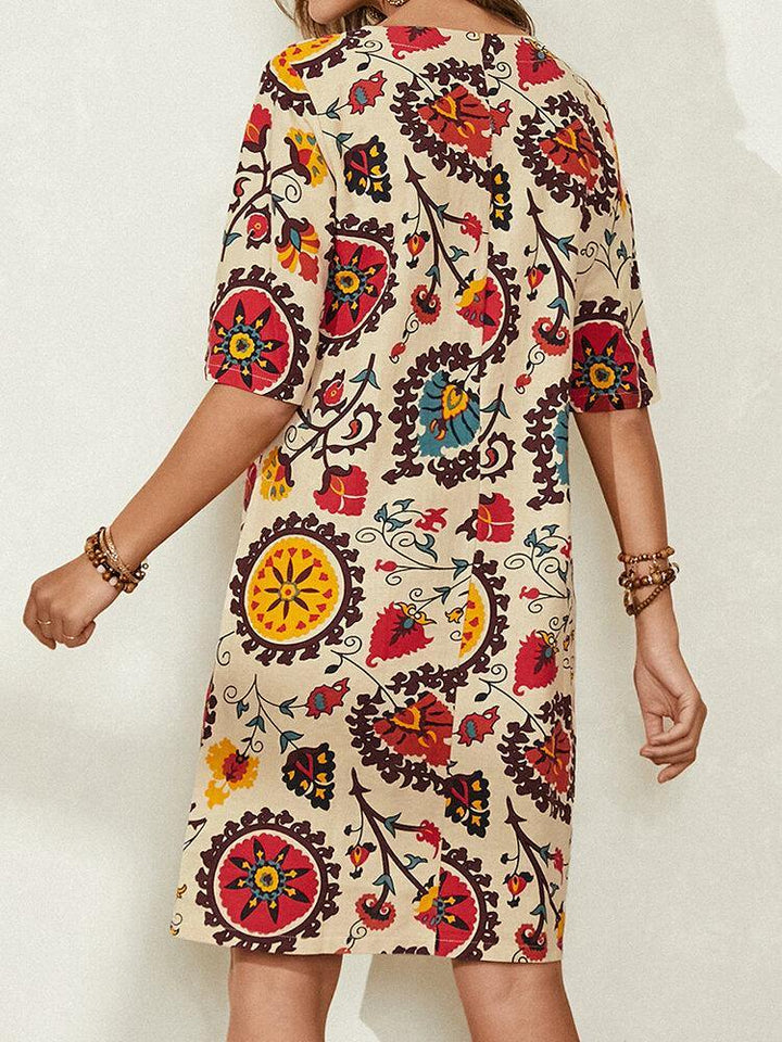 Ethnic Style Print Round Neck Bohemia Casual Midi Dress For Women - Trendha